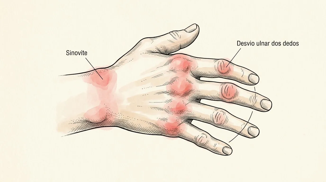 Mão reumatoide: sinovite nos nós dos dedos e no punho, com desvio ulnar dos dedos