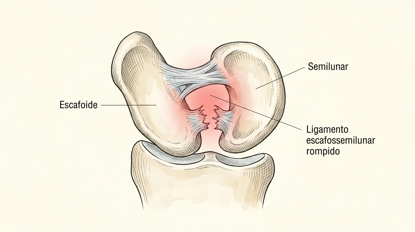 Lesão do ligamento escafossemilunar: escafoide e semilunar afastados no punho