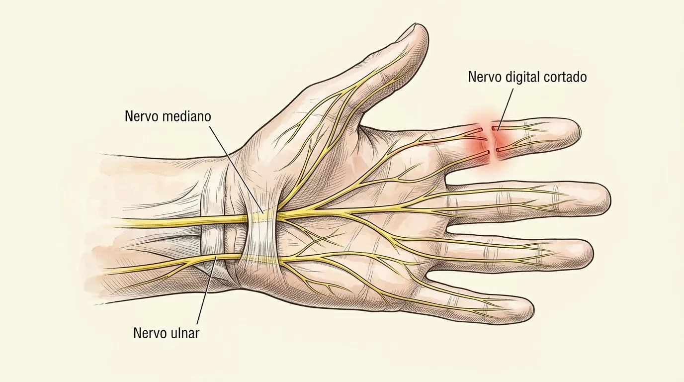 Nervos mediano e ulnar e seus ramos digitais na palma da mão