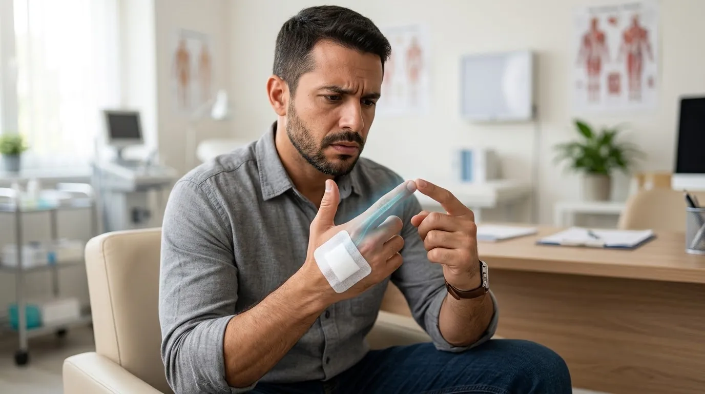 Lesão de nervo da mão: paciente com curativo na mão testando a perda de sensibilidade no dedo