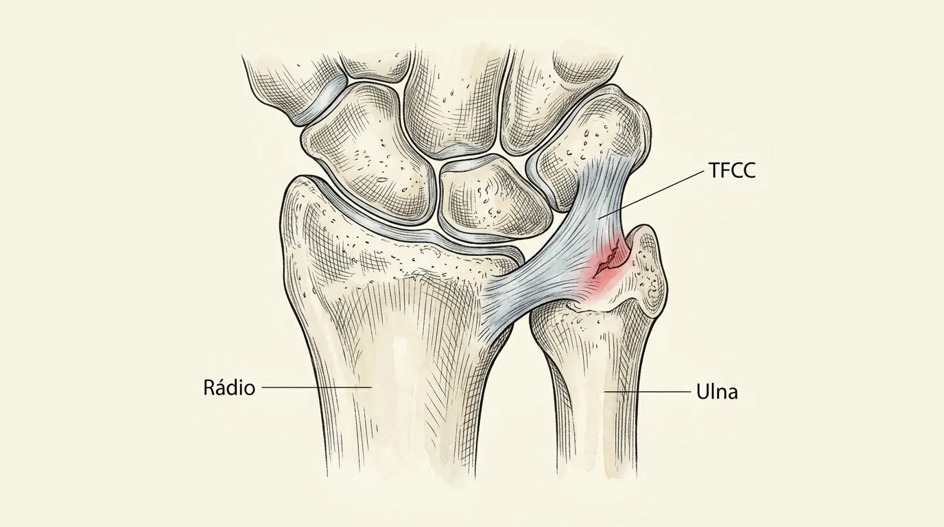Anatomia do TFCC (complexo da fibrocartilagem triangular) entre a ulna e os ossos do carpo