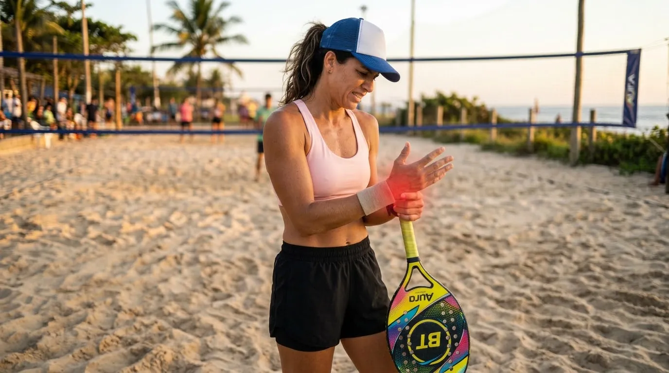 Lesão do TFCC: jogadora de beach tennis com dor no lado do dedo mínimo do punho